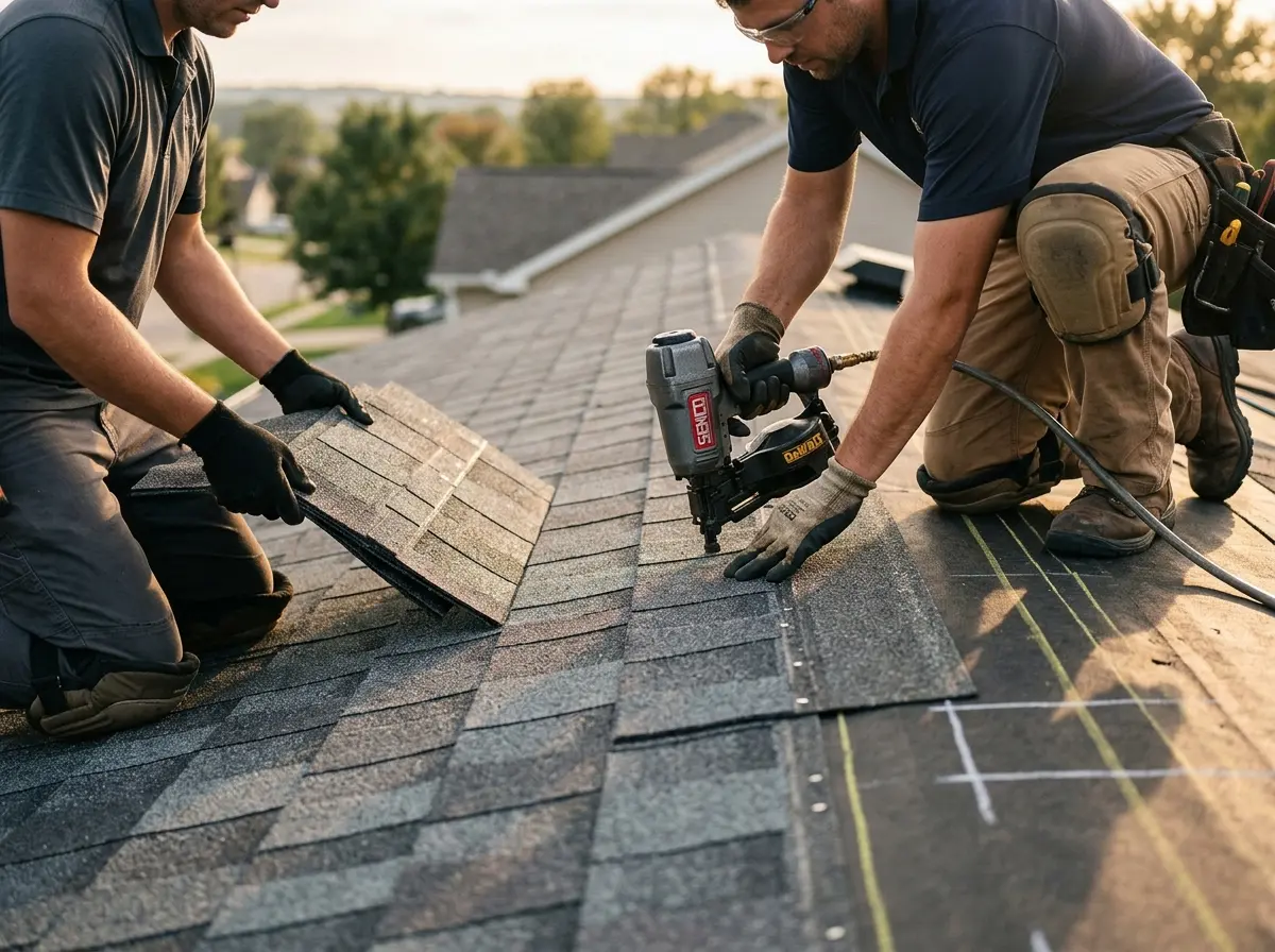 Professional roofer working on a residential roof in Schuyler Falls